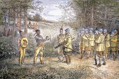 Kapten Miles Standish handlar med Wampanoag-indianer 1621 (färg litho) av School American