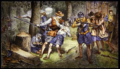 Försvara spädbarnsbosättningen mot indisk attack i kolonin Jamestown, Virginia 1607 (färg litho) av School American