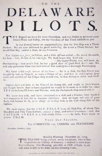 Faksimile av tillkännagivandet från Philadelphia-patrioterna till Delaware-piloterna som varnar dem att inte ta itu med det brittiska teskeppet, 7 december 1773 (litho) av School American