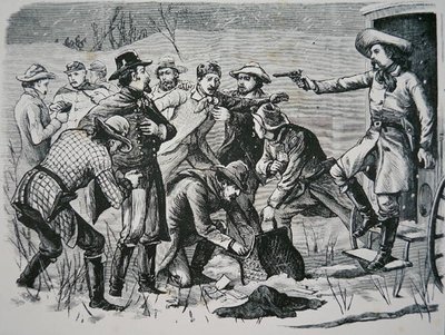 Fyra banditer övermannar och plundrar två officerare och sju soldater nära Bismarck, Dakota-territoriet, från 