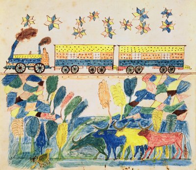 Godståg och landskap med boskap (penna & bläck och akvarell på papper) av School American