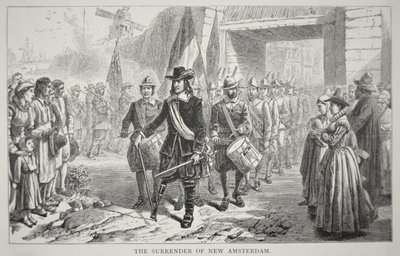 Guvernör Peter Stuyvesant överlämnar New Amsterdam till britterna 1664 (litho) av School American