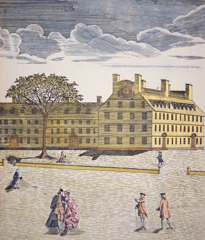 Harvard College, Cambridge, Massachusetts c.1740 (lito i färg) av School American