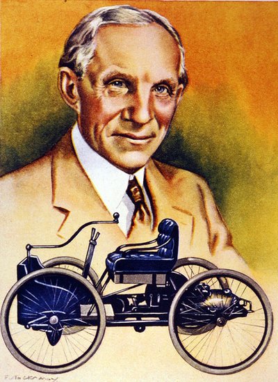 Henry Ford och hans första bil från 1896 (färglitografi) av School American