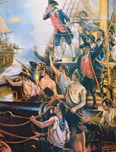 "Jag har ännu inte börjat slåss", ropar Jones trots från sitt skepp Bonhomme Richard till HMS Serapis, 23 september 1779 (färg litho) av School American