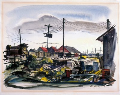 Lumber Camp (akvarell på benvitt papper) av School American