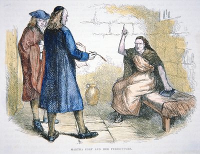Martha Corey anklagas för häxkonst under häxprocesserna i Salem 1692 (färg litho) av School American