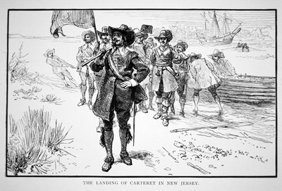 Philip Carteret landar i den tidigare nederländska kolonin New Jersey 1664 (litografi) av School American