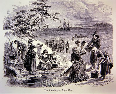 Pilgrim Fathers Land in America 1620 - Landningen vid Cape Cod som visar kvinnor i arbete (litho) av School American