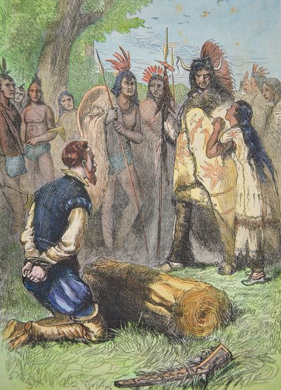 Pocahontas räddar livet på John Smith (färgad gravyr) av School American