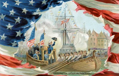 Vykort föreställande George Washington på väg in i New York (tryck) av School American