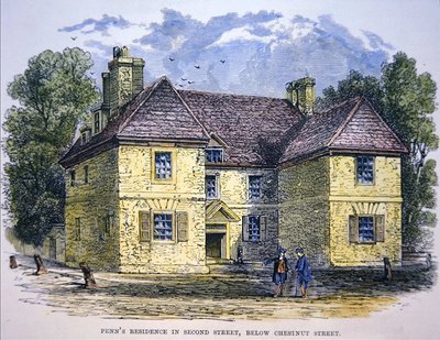 William Penns bostad i Second Street, nedanför Chestnut Street, Philadelphia (färg litho) av School American