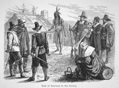 Samoset, chef för Pemaquiderna besöker pilgrimsfäderna 1621 (litho) av School American