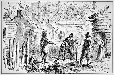 Samoset, hövding för Pemaquiderna besöker pilgrimsfäderna 1621 (litho) av School American