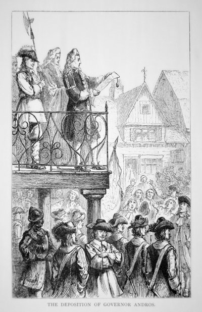 Sir Edmund Andros utropar Nya Englands herravälde 1686 med sig själv som guvernör (litho) av School American