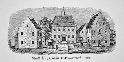Den holländska Stadt Huys, New Amsterdam (New York), byggdes 1642 och raserades 1700 (litho) av School American