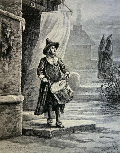 Puritanernas kyrkklocka var en trummis (litho) av School American