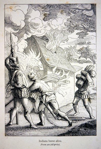 Spanjorerna i Amerika bränner en indisk by (litho) av School American