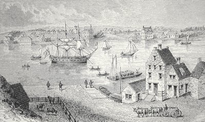 Färjan, New York, ca 1750 (litho) av School American