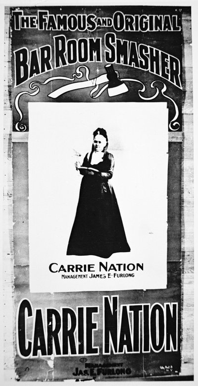 Teateraffisch som föreställer Carry Nation (1846-1911) som håller sin destruktiva yxa (litho) av School American