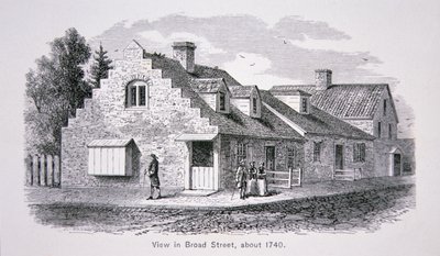 Utsikt över Broad Street, New York City ca 1740 (litho) av School American