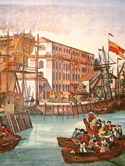 Utsikt över New Yorks hamn i mitten av 1700-talet (färg litho) av School American
