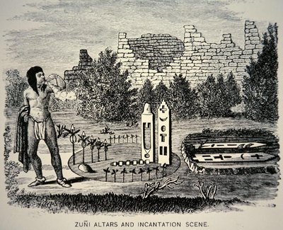 Zuni Tribesman blåser pollen över en Pueblo-helgedom (gravyr) av School American