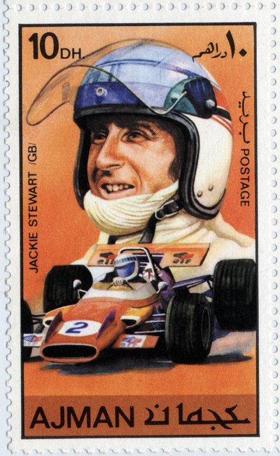 Emirates Arab Units stämpel som representerar den skotska bilföraren Jackie Stewart (Ne 1939) av School Arabic