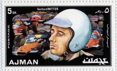 Emirates Arab Units stämpel som representerar bilföraren Gerhard Mitter (1935-1969) av School Arabic