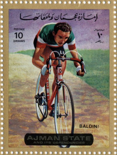 UAE-stämpel som representerar cyklisten Ercole Baldini (Ne 1933). av School Arabic