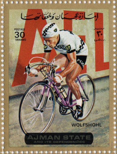 UAE-stämpel som representerar cyklisten Rolf Wolfshohl (Ne 1938). av School Arabic