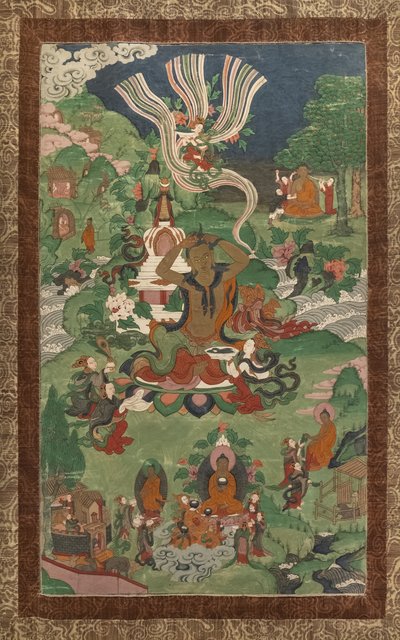 Frisyr och andra scener. Thangka från en uppföljare tillägnad de viktigaste avsnitten av Buddhas liv. av School Asian
