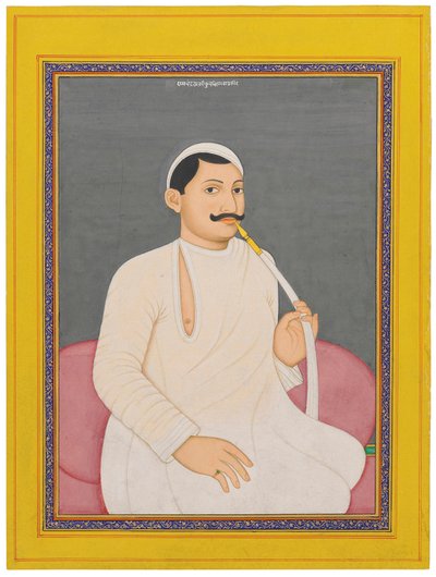 Ett sittande porträtt av Ram Chandra Lahiri, Dewan av Cooch Bewar (1829 - 1842, ca 1840 (ogenomskinliga pigment förhöjda med guld på papper) av School Bengali