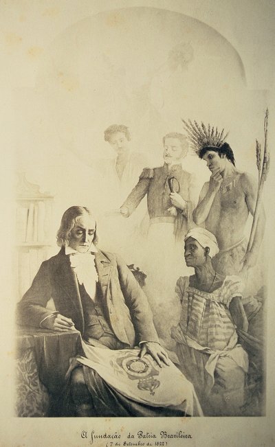 Grundare av det brasilianska landet, 7 september 1822 - En allegori som representerar de tre raserna: den afrikanska slaven, den portugisiska och den infödda indianen med Jose Bonifacio (1763-1838) och Pedro I (1793-1834) av School Brazilian
