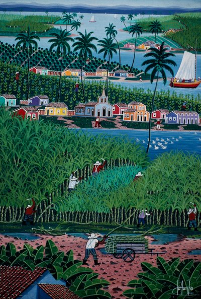 Naiv konstmålning som visar bambuskörd, delstaten Bahia, Brasilien av School Brazilian