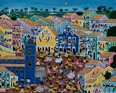 Naiv konstmålning som visar marknaden, delstaten Bahia, Brasilien av School Brazilian