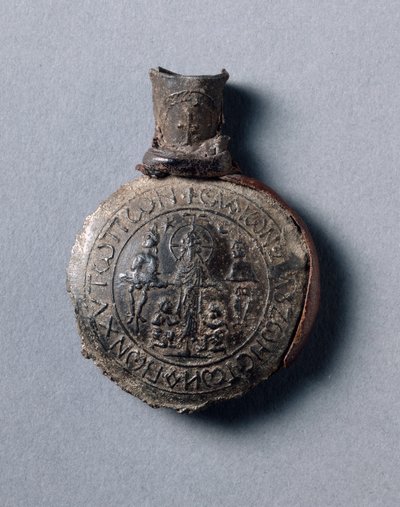 Pilgrims ampulla med scener av korsfästelsen (framifrån) och himmelsfärden (baksidan), c.600 (tenn-blylegering med läderfragment) av School Byzantine