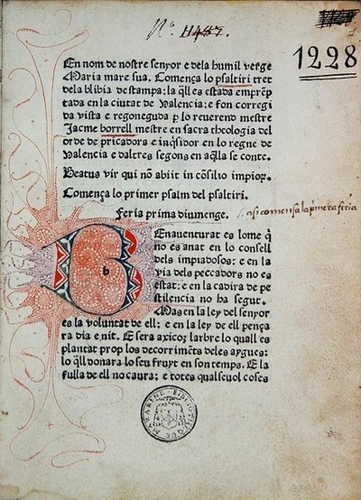 Inc 1228 Psalter of Boniface Ferrer, korrigerad av Jaime Borrell, tryckt av Nicolaus Spindeler i Barcelona 1480 (tryck & bläck på papper) av School Catalan