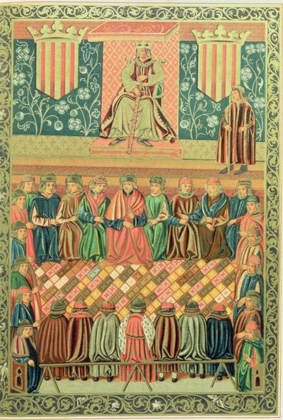 Kung James I Erövraren som presiderar över Cortes of Lleida i mars 1242, från ett manuskript av "Constitucions de Catalunya" av School Catalan