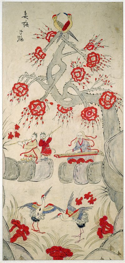 En panel från en åttafaldig skärm som skildrar kända historier från Kina (naturliga pigment på papper) av School Chinese