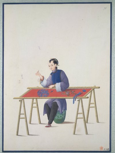 En kvinna som broderar, ca 1800 (akvarell på papper) av School Chinese