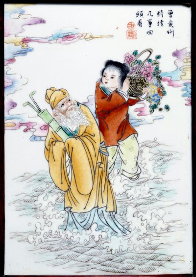 Allegori om våren En kvinna som håller en korg med blommor och en gammal man som går i sprayen. Målning på anonymt porslin, Kina av School Chinese