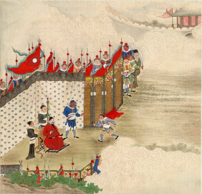 Kinesisk konst: en kinesisk prins som tar emot en budbärare Tempera på siden från den kinesiska skolan omkring 1820 Dim 24,6 x 23,7 cm Privat samling av School Chinese