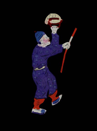 Vardagsfigur med korg och pinne. Målad pappersklippning eller "Jian Zhi", kinesisk folkkonst, Pekin. av School Chinese