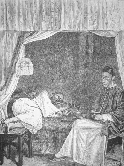 Kinesiska opiumrökare, gravyr från 1875 (litho) av School Chinese