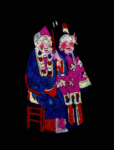 Par i traditionella kläder. Målad pappersklippning eller "Jian Zhi", kinesisk folkkonst, Pekin. av School Chinese