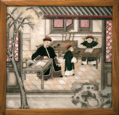 Dekorativ marmorplatta som representerar bokstäver i deras skåp. Målad marmor, Qingdynastin (1644-1911), kinesisk konst. Musee d