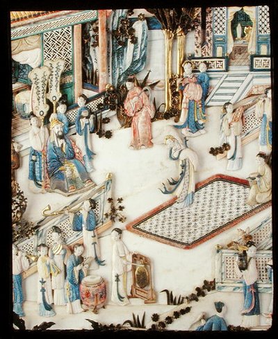 Detalj från en panel som visar en dignitär som tittar på en kvinnlig dansare, Qianlong period av School Chinese