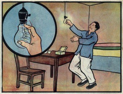 Teckning som visar faran med att vidröra en tänd glödlampa med handen. Illustration, i "How to use electricity safely", Kina av School Chinese