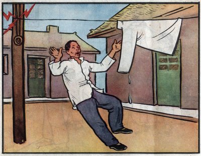 Ritning, risken för elstötar genom att lägga tvätten våt på elkablar. Illustration, i "How to use electricity safely", Kina av School Chinese